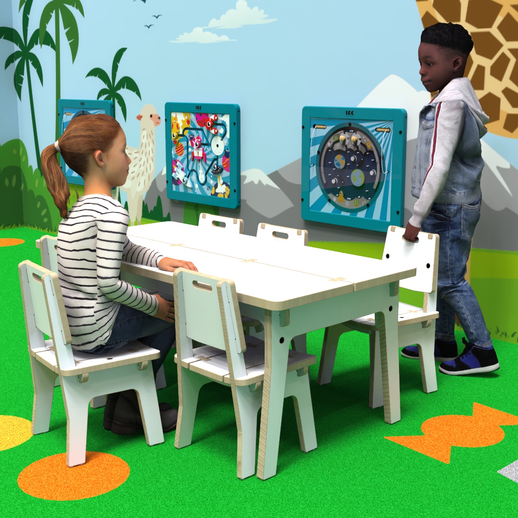 Op deze afbeelding ziet u kinderen bij de Buxus Table white uit de kindermeubel collectie Buxus