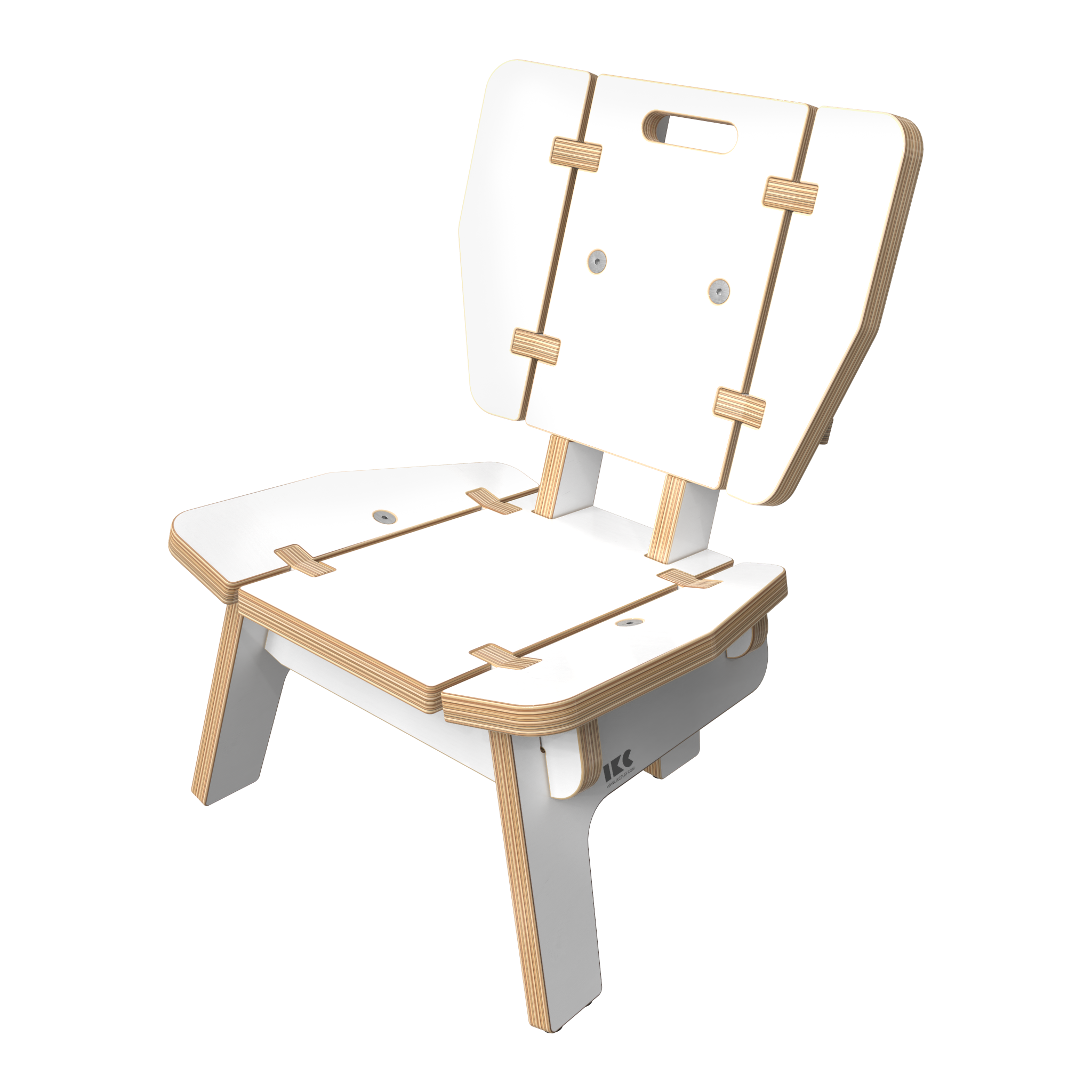 witte houten loungestoel voor kinderen in de kinderhoek met rugleuning