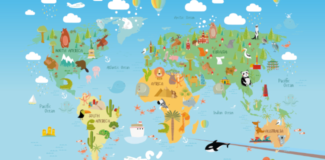 wanddesign met wereldkaart in reisthema voor kinderen