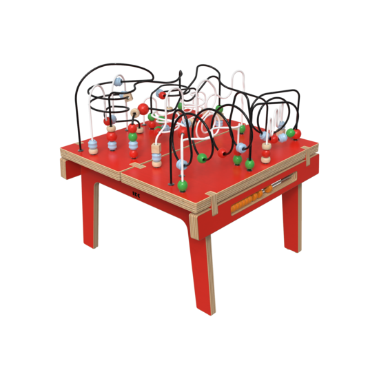 Houten kralentafel voor kinderen in de kinderhoek of wachtruimte in de kleur rood